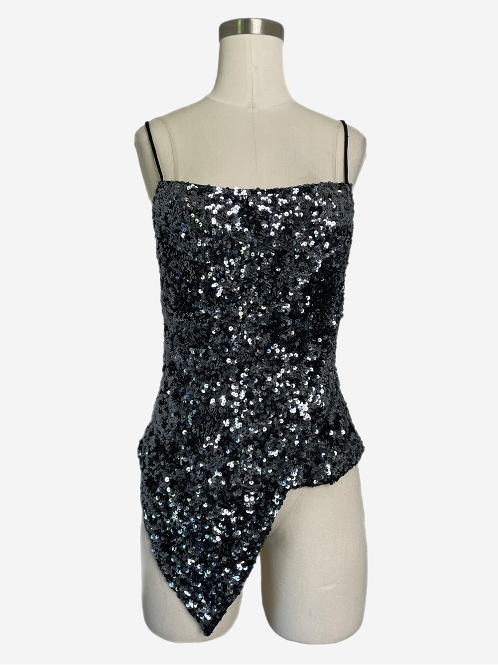 Sean Collection Black silk silver sequin asymmetric tank Y2K party Ibiza S/M